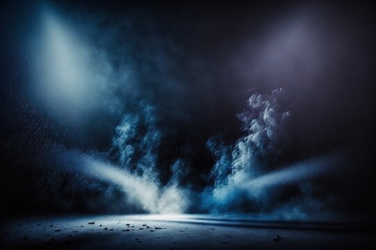 Cold, desolate, and gloomy with neon lights shining through smoke and fog over a blue asphalt backdrop.