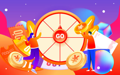 Annual lucky draw spinner event with various gold coins and coupons in the background, vector illustration
