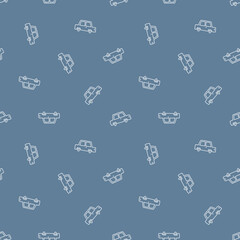 Blue seamless pattern with white doodle cars