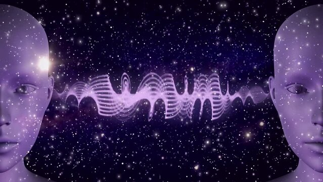Two humans on a cosmic background, with a soundwaves between their ears, 3D illustration, Meditation Animation, Video, Visualization