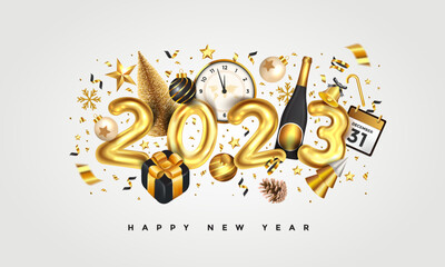 Happy New Year 2023. Golden metal number on white background. Festive realistic decoration. Web Poster, banner, cover card, brochure, flyer, layout. Vector 3d illustration