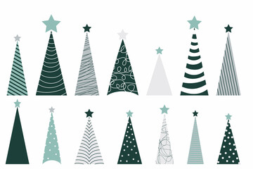 Christmas or new year collection with Scandinavian style Christmas trees in green and gray tones. Forest texture doodles for holiday design greeting cards, fabric or wrapping paper