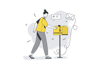 Email service flat line concept. Woman sees notification of new letter, goes to receive envelope on mailbox. Online communication. Illustration with outline people scene for web banner design