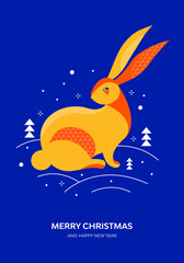Merry Christmas and happy New Year poster or greeting card. Chinese zodiac Rabbit symbol. Hare in winter forest among snowdrifts and snow. Lunar new year. Vector illustration in geometric minimalism.