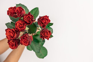 Bouquet of red roses in female hands on a white background, top view.