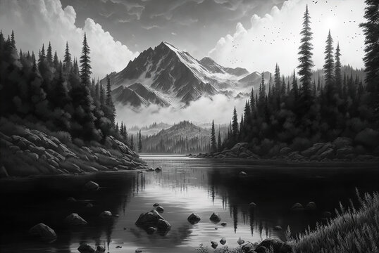 Shot In Grayscale Under A Gloomy Sky, Showcasing A River Framed By Mountains And A Dense Forest.