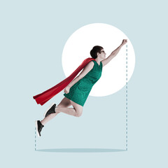 A superhero in a cape rushes to the rescue. Art collage.