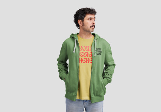 Man With a Zip Hoodie and a T-Shirt Mockup With Customizable Background