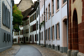A view of a narrow turning street in the historic part of the city of Basel, in northern Switzerland