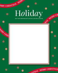 Frame template design for december winter festival christmas concept. Rectangular gift box and red ribbon on green background.  'Holiday' typography with blank white space.