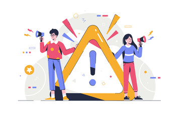 System Work Error, attention or warning information, breaking news or urgent message communication, alert and beware concept. Vector illustration business people announce on megaphone with attention 