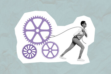 Collage photo of young hardworking businesswoman pull difficult mechanism gear her company from crisis situation isolated on blue color background