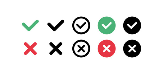 Ticks and crosses set icon. Checkmark, reject, rejection, confirm, confirmation, answer option, accept, decline, test, agreement. Button concept. Vector line icon on white background