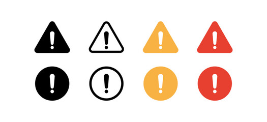 Signs with exclamation marks set icon. Warning, be careful, caution, triangular, round, road traffic, notification, warn, point. Sign concept. Vector line icon in different style on white background
