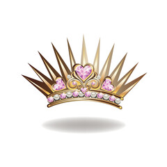 Princess crown or tiara with pearls and pink gems in the shape of a heart vector illustration isolated on white background.