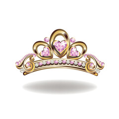 Princess crown or tiara with pearls and pink gems in the shape of a heart vector illustration isolated on white background. © liana2012