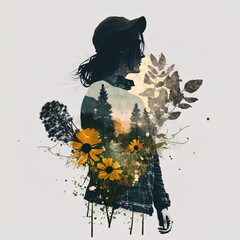 Surreal double exposure image of woman and flowers. Great for ads, book covers, posters and more. AI Generated Illustration.