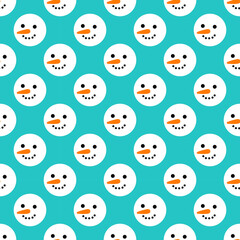 Snowman faces blue winter seamless pattern.