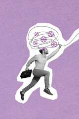 Collage photo conceptual business man runner with briefcase minded absurd head gear think about...