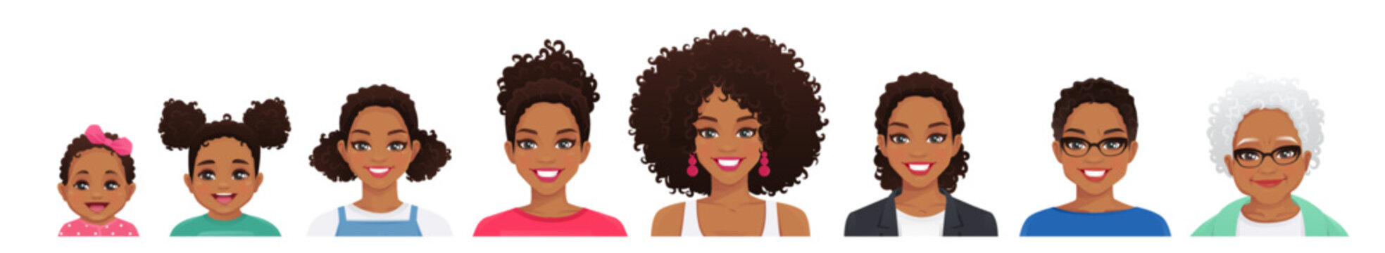 African woman of different life stages cartoon characters avatars. Baby, child, teenager, adult, mature and old persons vector illustration isolated