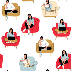 People on the couch vector cartoon seamless pattern background for wallpaper, wrapping, packing, and backdrop.