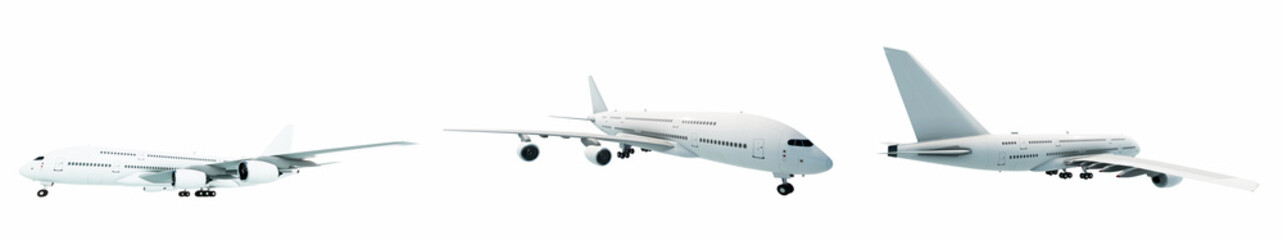 Obraz premium Conceptual set of three flying white passenger jetliner or commercial planes, isolated on white background. 3D illustration for jet transportation, travel industry or modern freedom concept