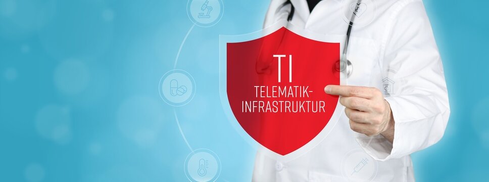 Telematikinfrastruktur (TI). Arzt h&auml;lt rotes Schutzschild umgeben von Icons im Kreis. Medizinisches Wort im Symbol