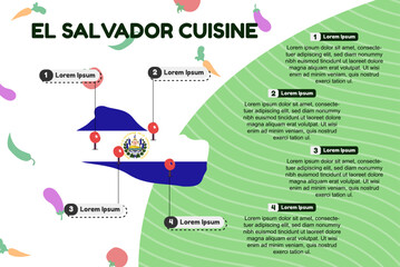 El Salvador cuisine infographic, popular or cultural food concept, traditional El Salvador kitchen, vector layout and template, famous food locations, banner idea with flag and map