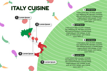 Italy cuisine infographic, popular or cultural food concept, traditional Italy kitchen, vector layout and template, famous food locations, banner idea with flag and map