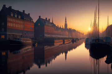 Obraz premium AI generated image of sunrise at beautiful Copenhagen in Denmark 