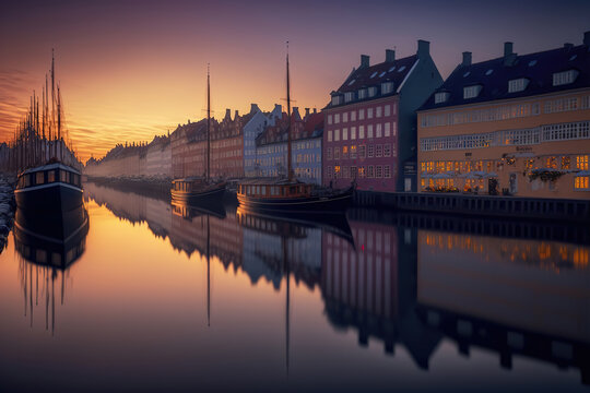 AI generated image of sunrise at beautiful Copenhagen in Denmark	