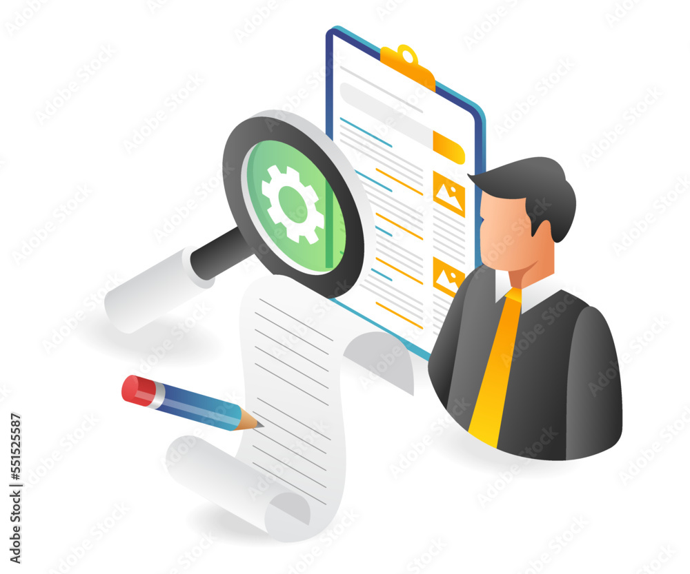Poster flat isometric illustration of taking notes and looking for information
