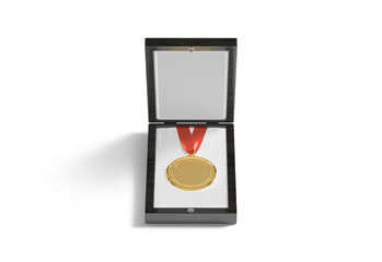 Blank gold medal in black wood box mockup, front view