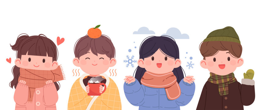 Cute children smiling in warm winter clothes. Kindergarten children concept character illustration.