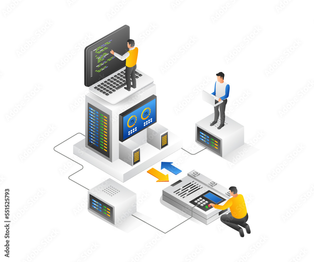 Fototapete Flat isometric illustration concept of web development team and app hosting