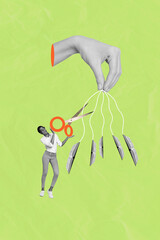 Creative 3d photo collage artwork graphics painting of lady guy cutting scissors arms hanging book isolated drawing background