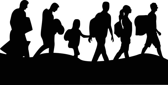 Migrants Walking Silhouette Design Transparent. Isolated On White. For Printing Uses. 