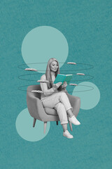 Vertical collage image of black white gamma age lady sit chair read interesting book isolated on...