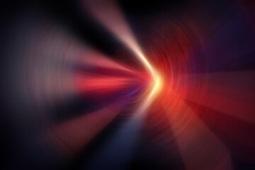 Rays motion. Blur glow. Light swirl. Defocused red pink blue orange color lens flare reflection on dark black illustration collage abstract background.