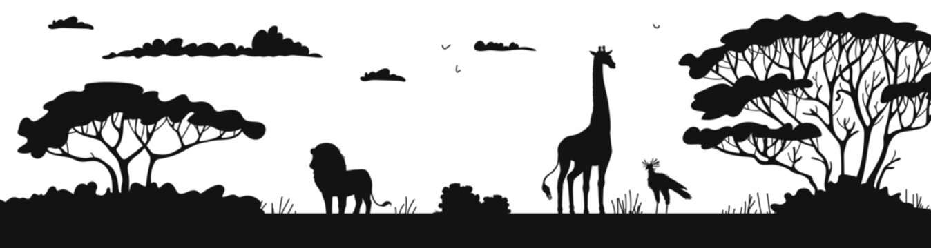 African landscape with animals black silhouette vector illustration isolated.