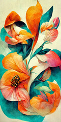 Artistic illustration of flowers with vivid colors and spring atmosphere - floral background. Created with AI and Photoshop