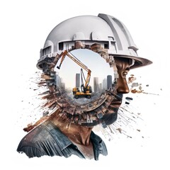 Double exposure photo of man in hard hat in various situations at work made with Generative AI.