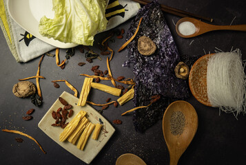 Chinese herbs for fresh soup placed on the table