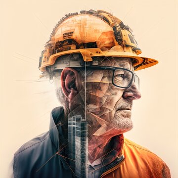 Double Exposure Photo Of Man In Hard Hat In Various Situations At Work Made With Generative AI.