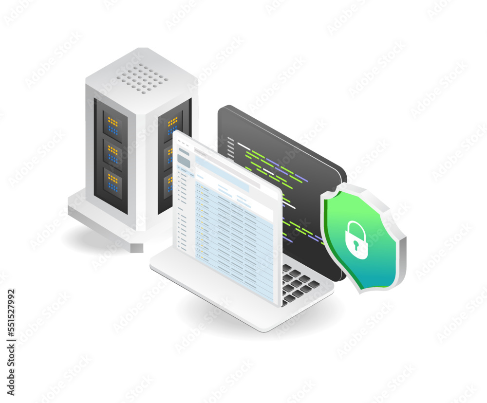 Poster flat isometric concept of server security screen illustration