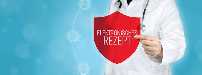 Elektronisches Rezept (E-Rezept). Arzt hält rotes Schutzschild umgeben von Icons im Kreis. Medizinisches Wort im Symbol
