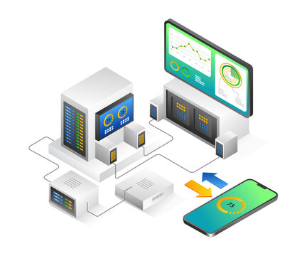 Flat isometric illustration analisa data smarpon server