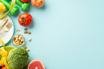 Proper nutrition concept. Top view photo of plate cutlery tomato cabbage pepper grapefruit nuts apple dumbbells and tape measure on isolated pastel blue background with empty space