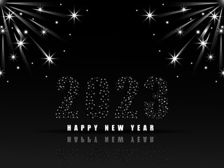 Happy New Year 2023 beautiful night background with fireworks and creative sparkling text.