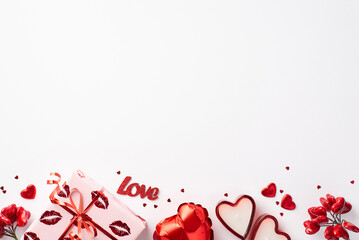 Valentine's Day concept. Top view photo of giftbox in wrapping paper with kiss lips pattern heart shaped balloon candles inscription love and confetti on isolated white background with copyspace
